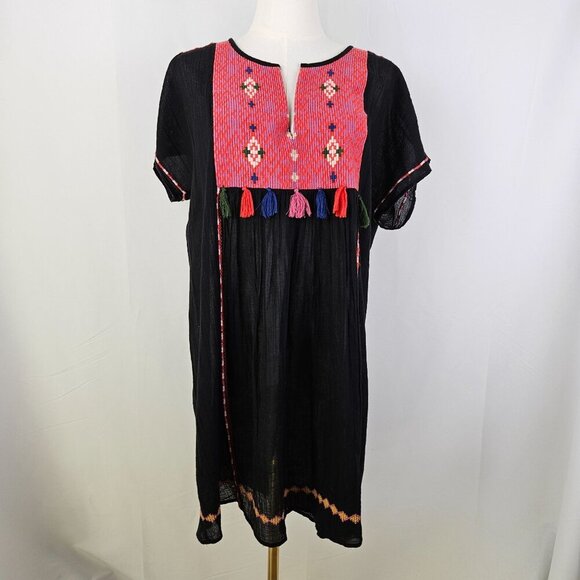 Joie Black Boho Cotton Embroidered Mini Dress Small Tassels Short Sleeves - Picture 4 of 10